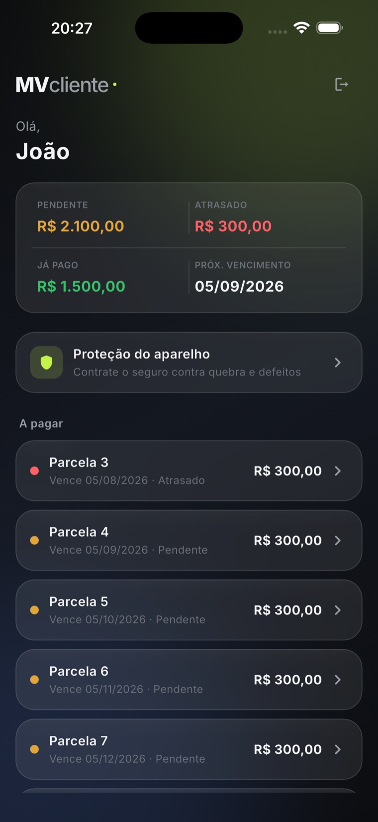 App MV Cliente: tela inicial com o resumo das parcelas pagas, pendentes e atrasadas