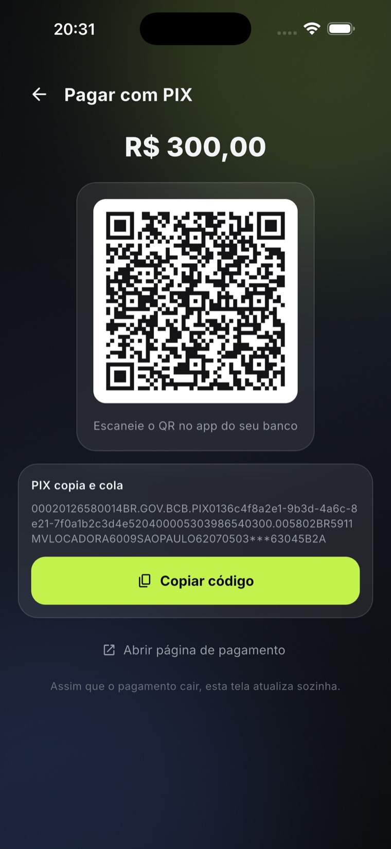 App MV Cliente: tela de pagamento com QR Code do PIX e botão copiar código